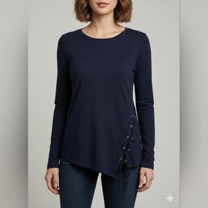 Verve Ami Women’s Long Sleeve Top Size Large Navy Blue Lace-Up Side